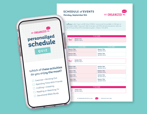 A quiz on a phone asking what activities you enjoy most and a schedule with certain sessions highlighted