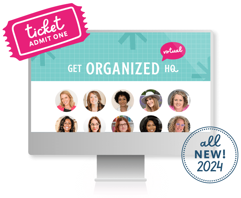 A computer displaying the GOHQ Virtual logo and headshots of several speakers, surrounded by a ticket and an icon that says "All New! 2024"