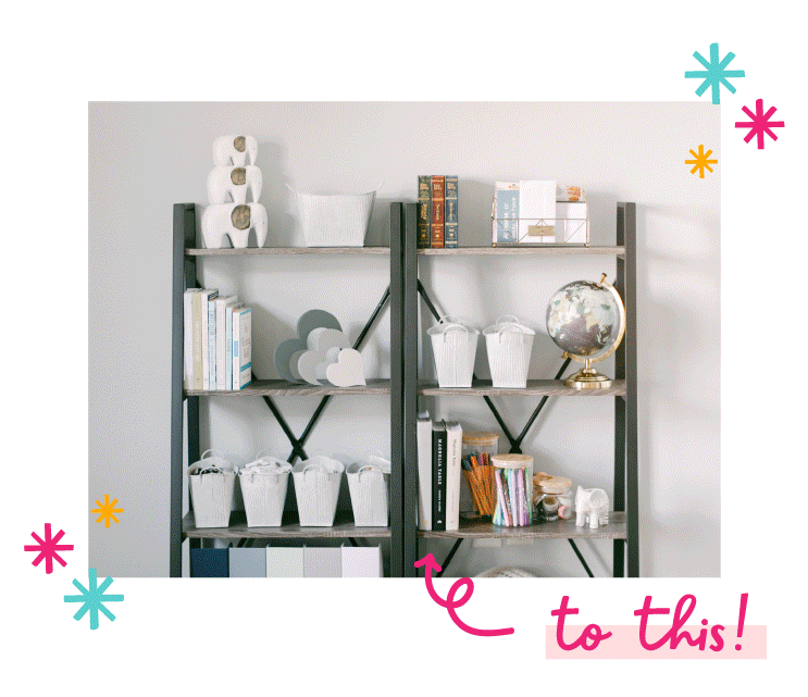 Gif of various organized spaces that use shelves, baskets, bins, and decor.