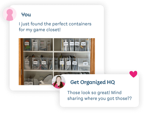 An online conversation between Get Organized HQ and you over some game closet containers
