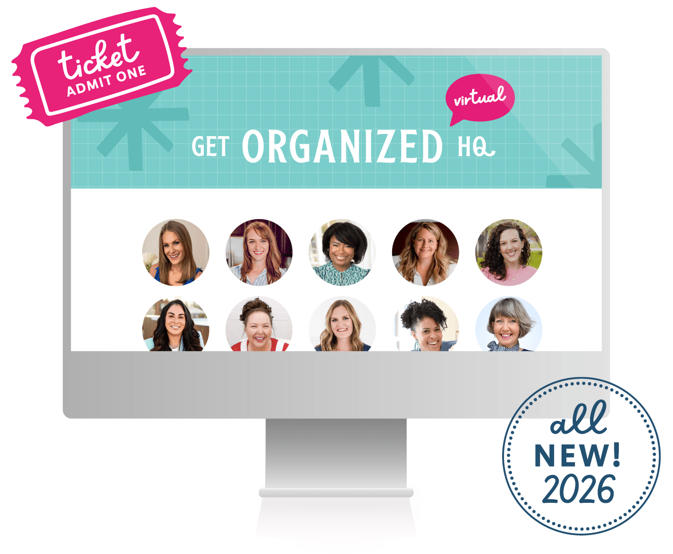 Get Organized HQ on a computer screen that says "All new! 2026" and shows some headshots of some featured speakers