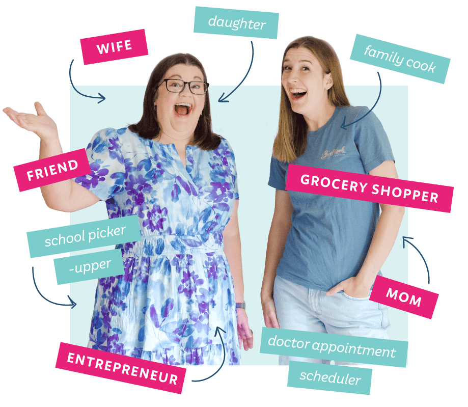 Laura and Tasha surrounded by labels that read 'mom', 'grocery shopper', 'family cook', 'school picker-upper', etc.