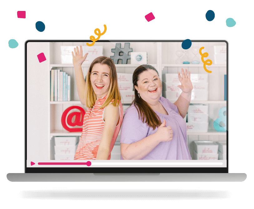A video of Laura and Tasha on a laptop surrounded by confetti