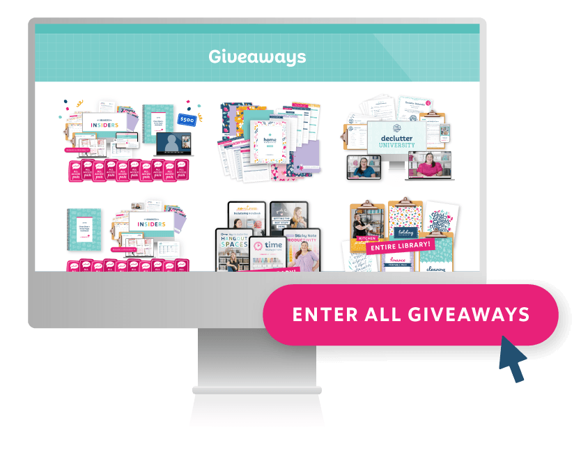 A web page on a computer showing various products and a mouse clicking a button that says "Enter All Giveaways"