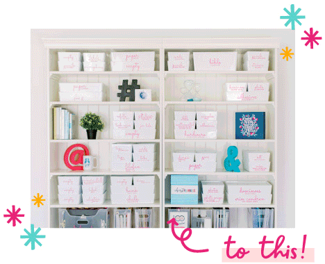 A flip-through of various organized spaces throughout a home, all labeled "to this!"