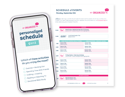 A quiz on a phone asking what activities you enjoy most and a schedule with certain sessions highlighted
