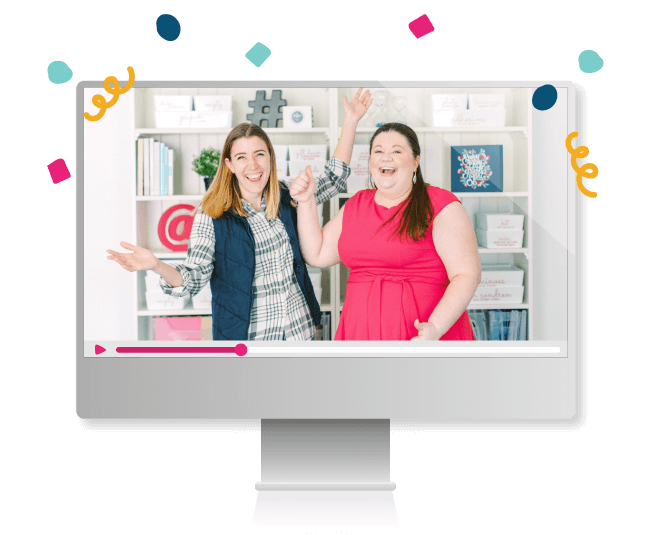 A computer with a video of Laura and Tasha looking excited, surrounded by confetti