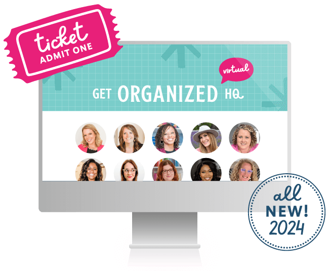Image of a cmoputer with Get Organized HQ Virtual on the screen with various speakers' headshots, a ticket icon, and a badge that says "all new! 2024"